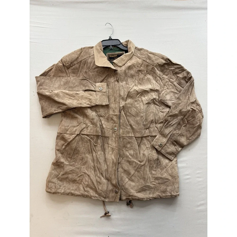 Genuine Leather Womens Tan Button Front Collared Jacket Coat Size 10 Drawstring